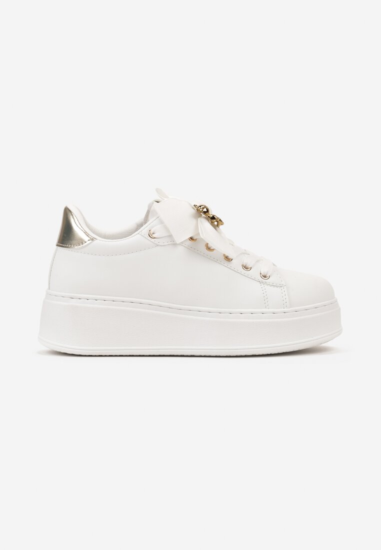 Biało-Złote Sneakersy na Platformie z Kokardką i Broszką Grivia
