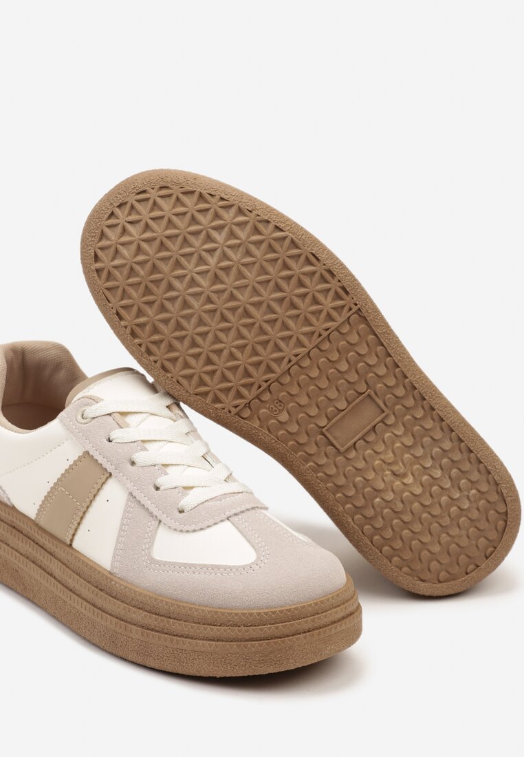 Ciemnobeżowe Sneakersy na Niskiej Platformie z Materiałowymi Wstawkami Xeonbia