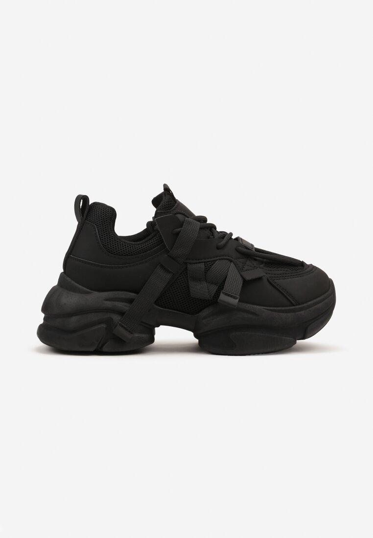 Czarne Sneakersy na Grubej Podeszwie z Ozdobnymi Sznurówkami Moraza