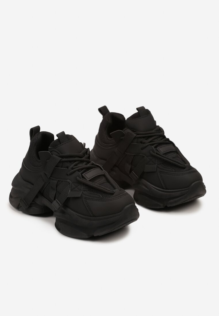 Czarne Sneakersy na Grubej Podeszwie z Ozdobnymi Sznurówkami Moraza