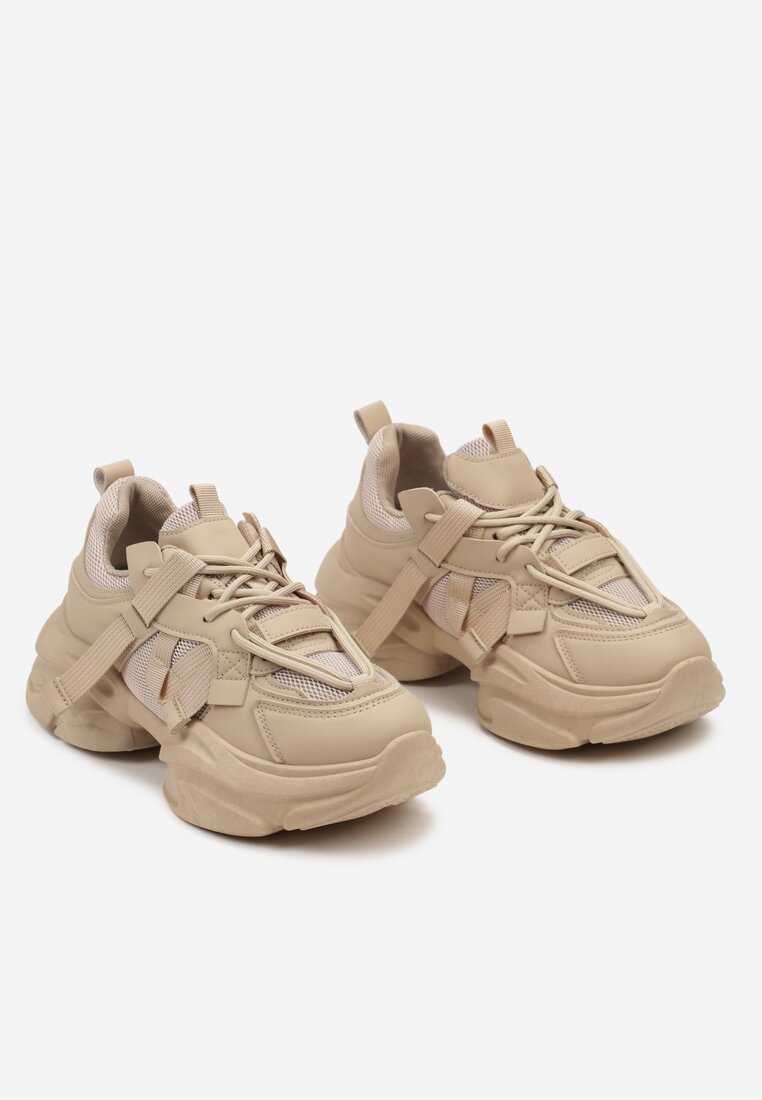 Ciemnobeżowe Sneakersy na Grubej Podeszwie z Ozdobnymi Sznurówkami Moraza