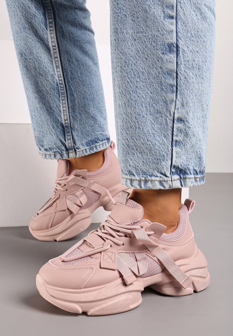 Różowe Sneakersy na Grubej Podeszwie z Ozdobnymi Sznurówkami Moraza
