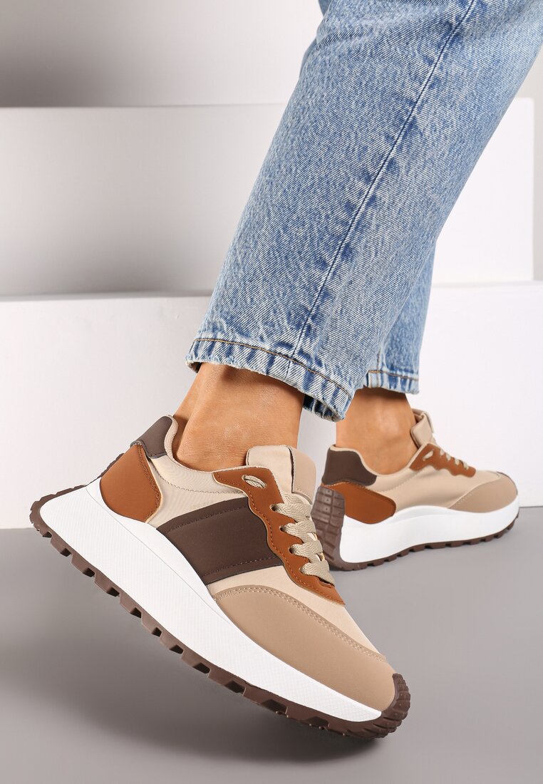 Brązowe Sneakersy na Grubej Podeszwie z Metalicznymi Wstawkami Benara