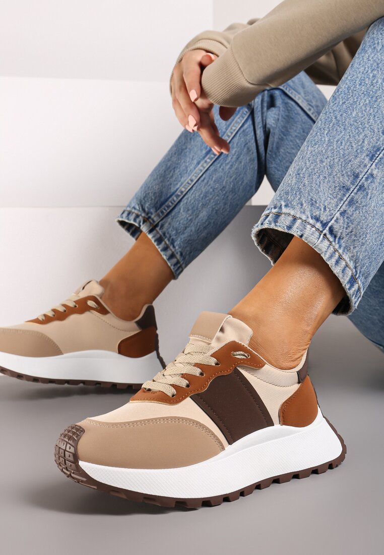 Brązowe Sneakersy na Grubej Podeszwie z Metalicznymi Wstawkami Benara
