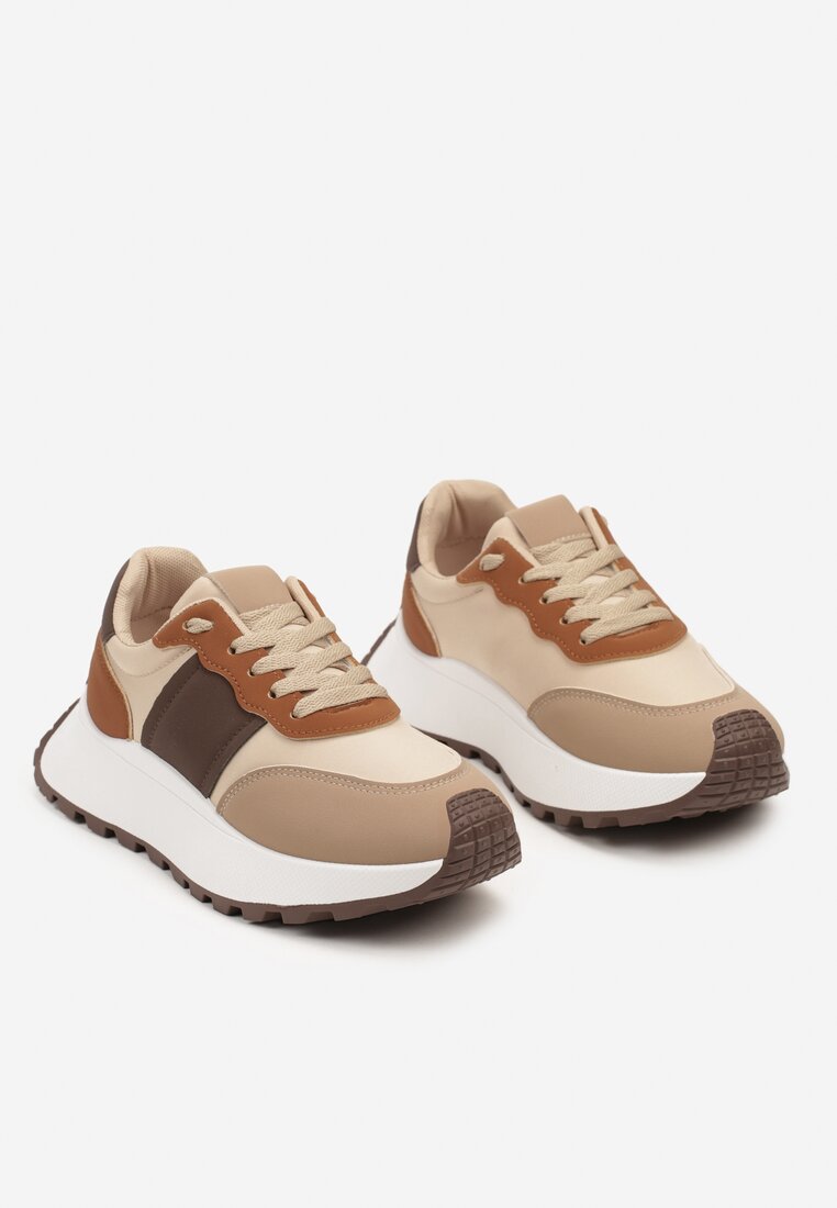 Brązowe Sneakersy na Grubej Podeszwie z Metalicznymi Wstawkami Benara