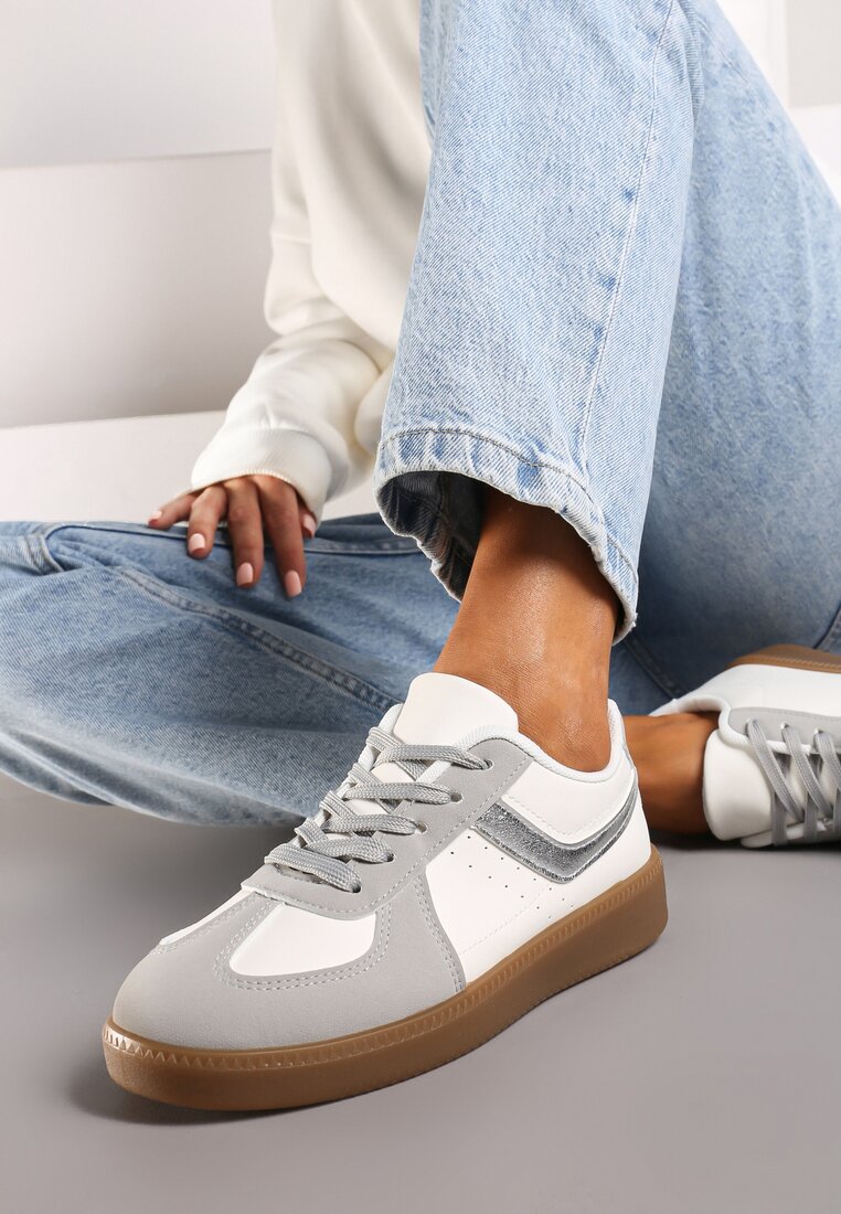 Białe Sneakersy na Grubej Podeszwie z Ozdobnymi Wstawkami Galivia