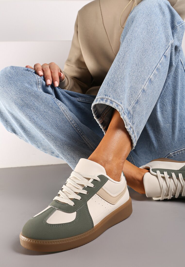 Zielone Sneakersy na Grubej Podeszwie z Ozdobnymi Wstawkami Galivia