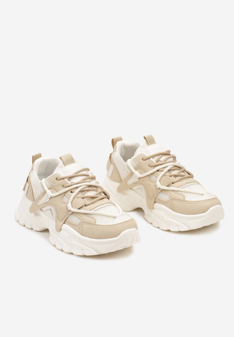 Ciemnobeżowe Sneakersy na Grubej Podeszwie z Ozdobnymi Sznurówkami Benalina