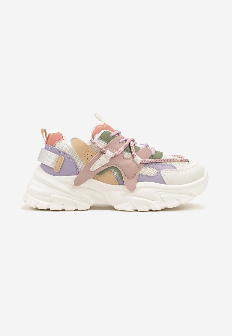 Biało-Różowe Sneakersy na Grubej Podeszwie z Ozdobnymi Sznurówkami Benalina