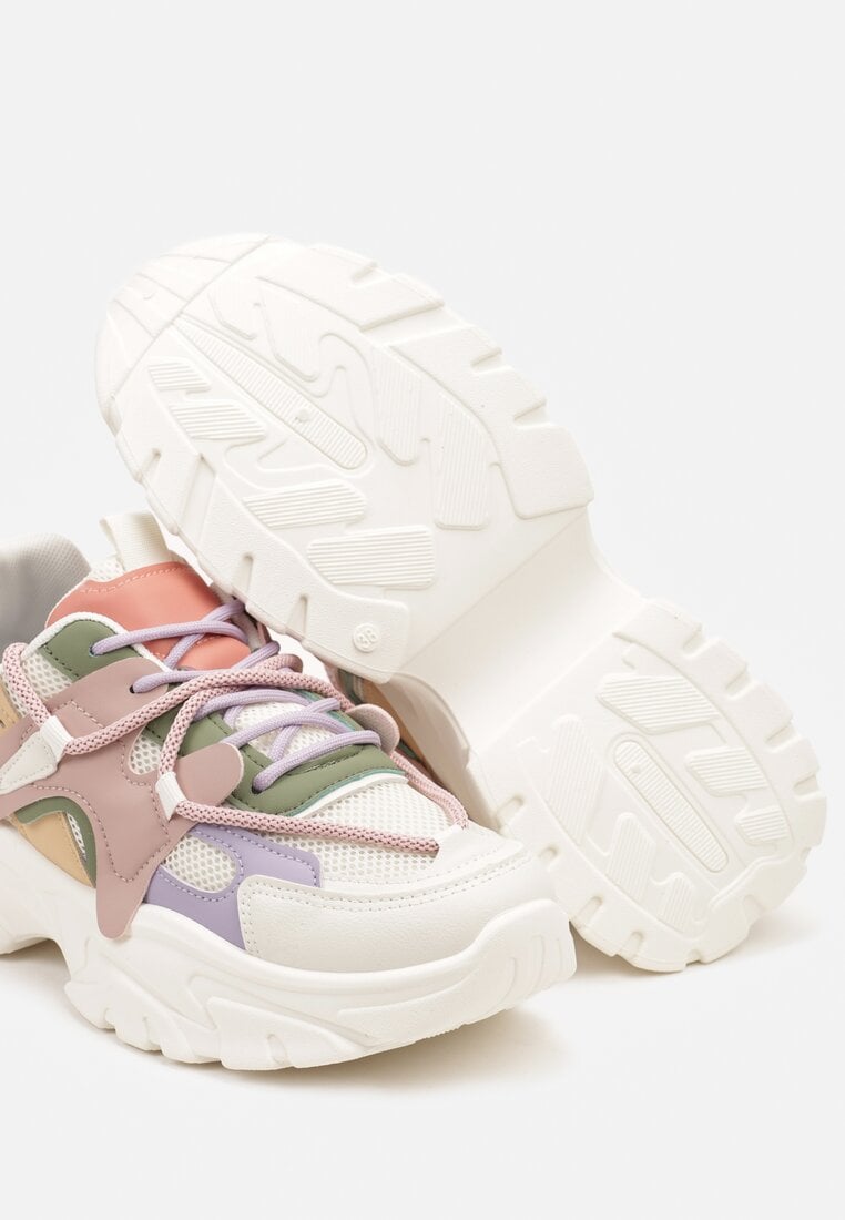 Biało-Różowe Sneakersy na Grubej Podeszwie z Ozdobnymi Sznurówkami Benalina