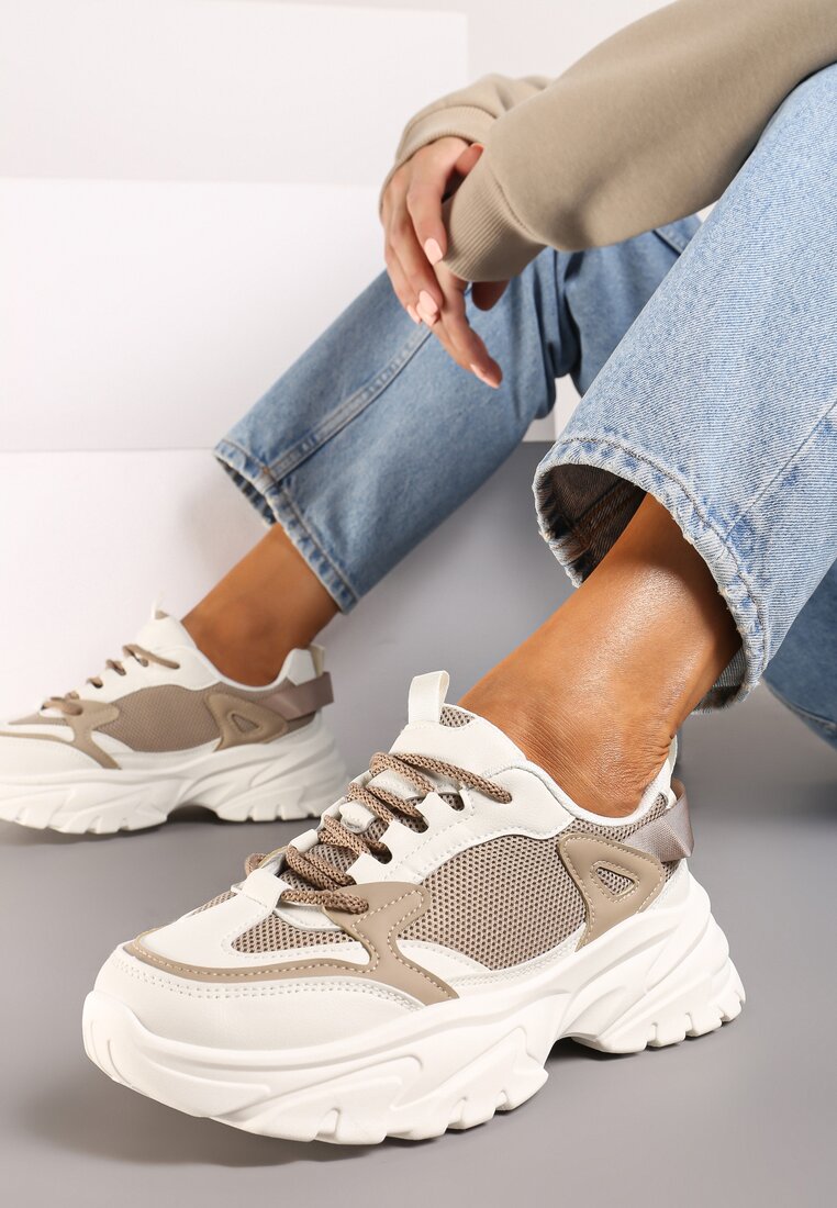 Ciemnobeżowe Sneakersy na Grubej Podeszwie z Ozdobnymi Przeszyciami Benadelle