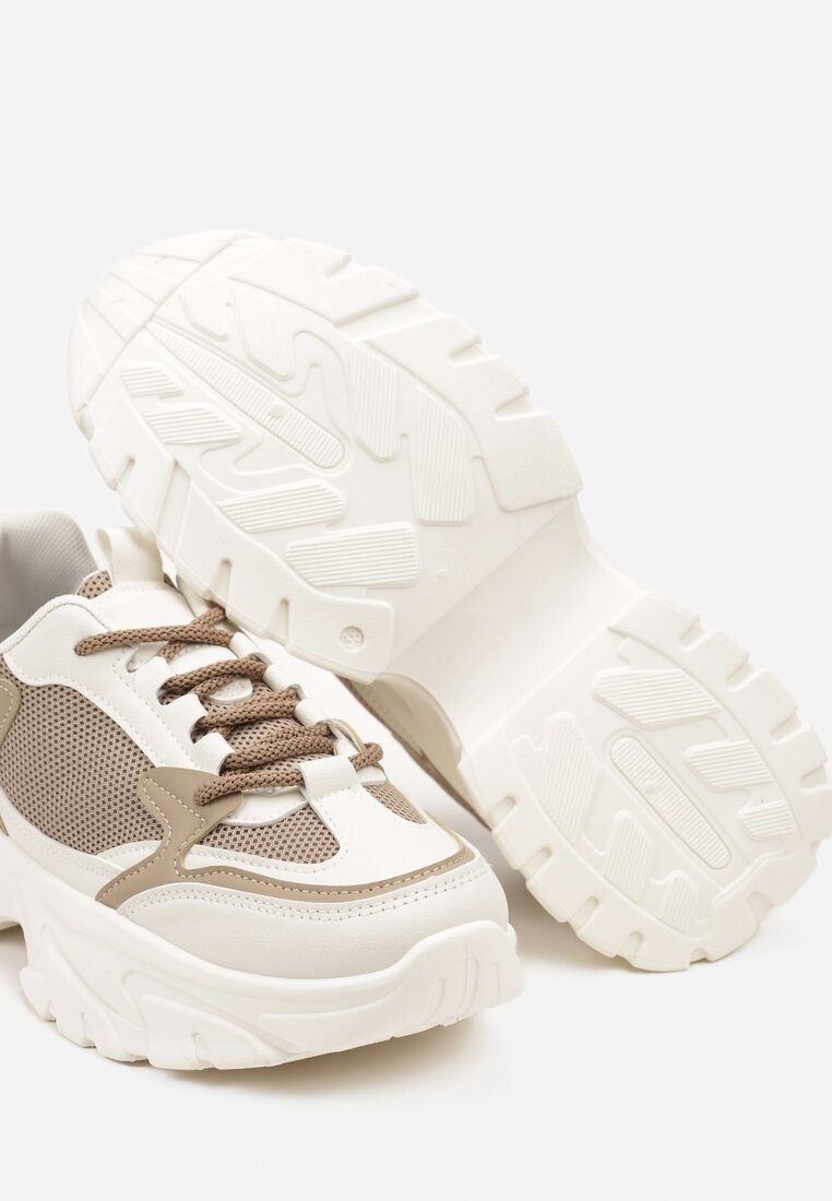 Ciemnobeżowe Sneakersy na Grubej Podeszwie z Ozdobnymi Przeszyciami Benadelle