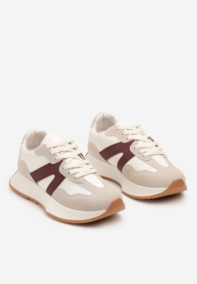 Beżowo-Bordowe Płaskie Buty Sportowe Sneakersy z Geometrycznym Wzorem Nawla