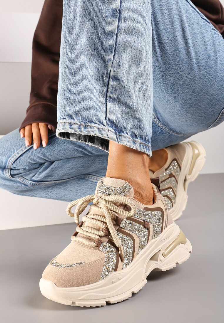 Ciemnobeżowe Brokatowe Sneakersy na Grubej Podeszwie Wlanna