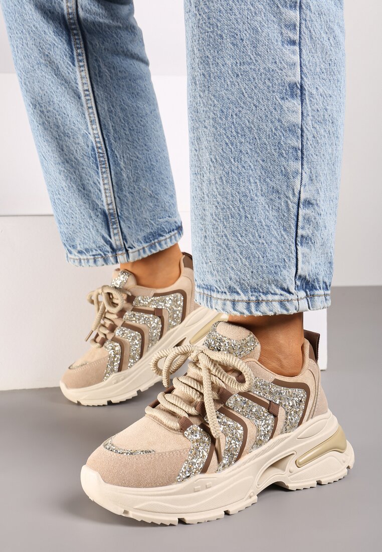 Ciemnobeżowe Brokatowe Sneakersy na Grubej Podeszwie Wlanna