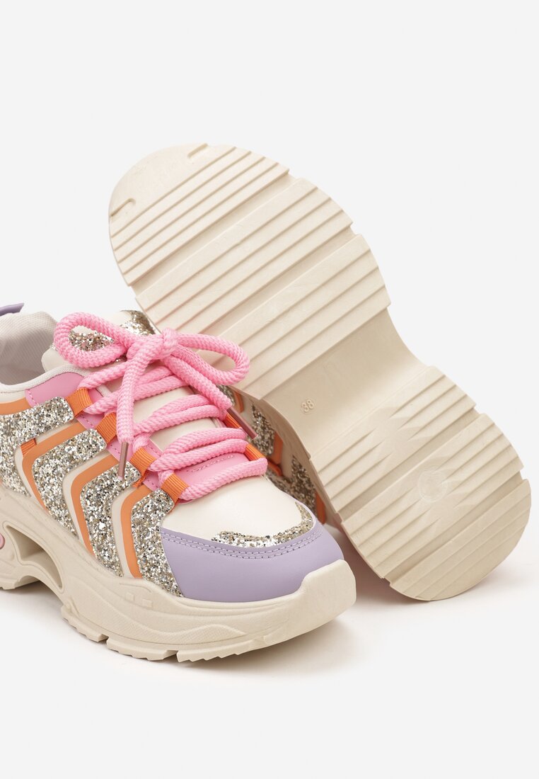 Beżowo-Fioletowe Brokatowe Sneakersy na Grubej Podeszwie Wlanna