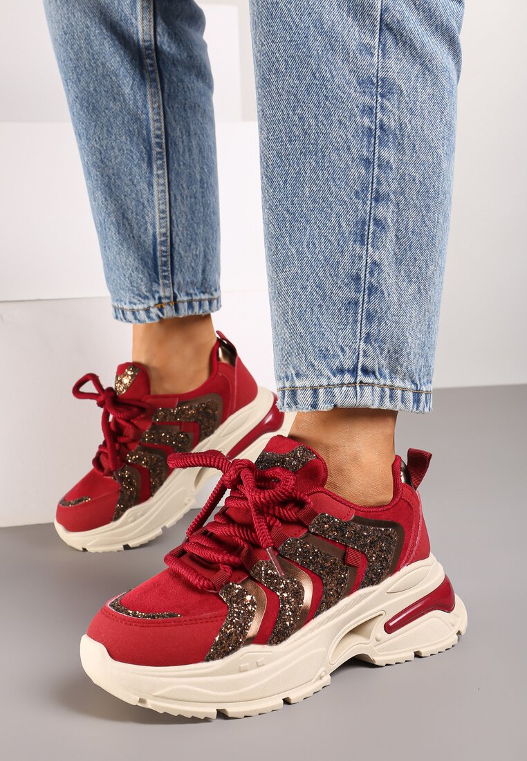 Bordowe Brokatowe Sneakersy na Grubej Podeszwie Wlanna