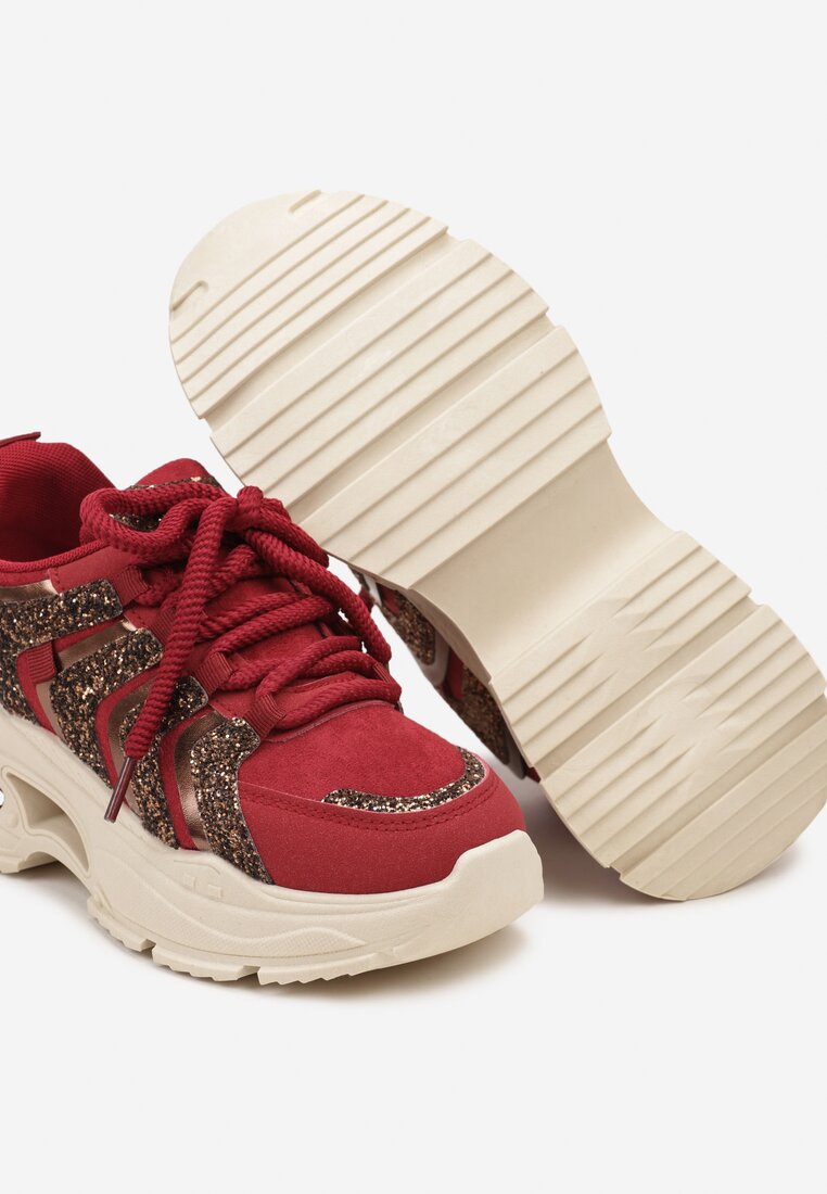 Bordowe Brokatowe Sneakersy na Grubej Podeszwie Wlanna