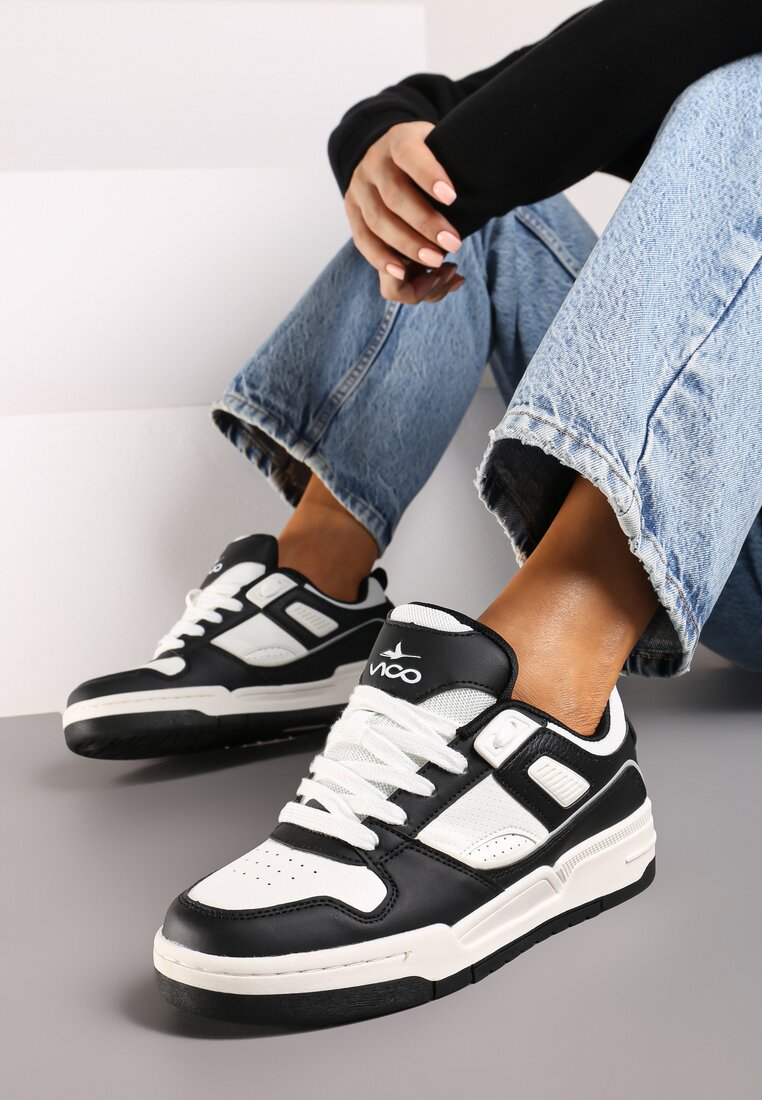 Czarno-Białe Płaskie Sznurowane Sneakersy Ozdobione Tłoczeniami Vlirina