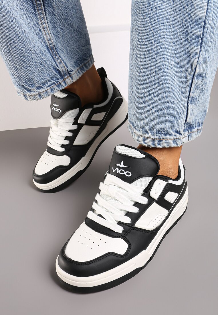Czarno-Białe Płaskie Sznurowane Sneakersy Ozdobione Tłoczeniami Vlirina