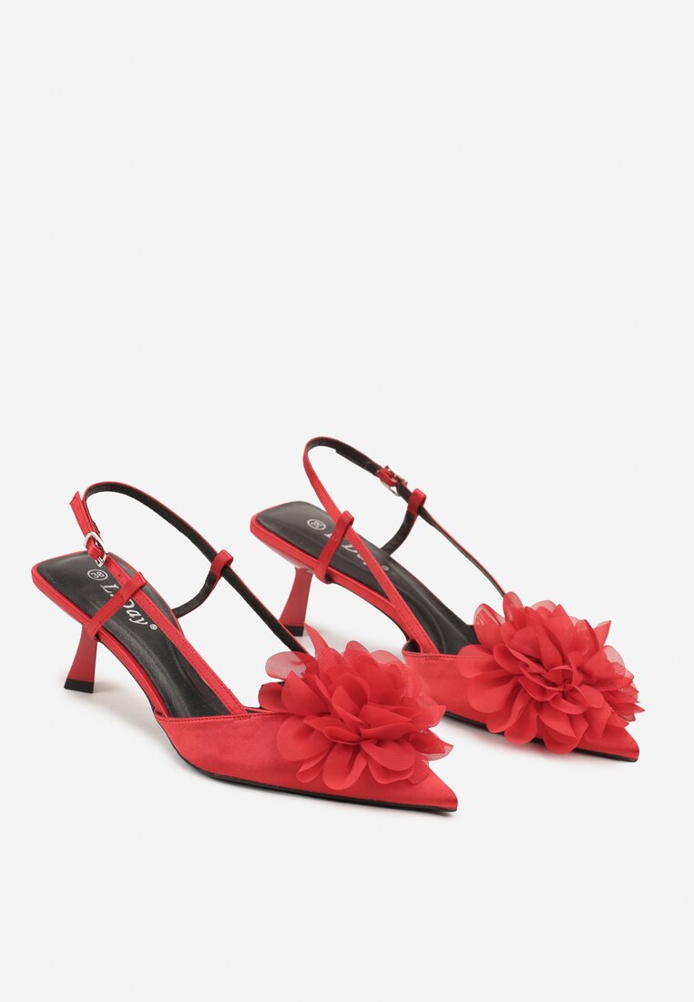 Czerwone Sandały na Obcasie Typu Kaczuszka z Kwiatem 3D Xanivia