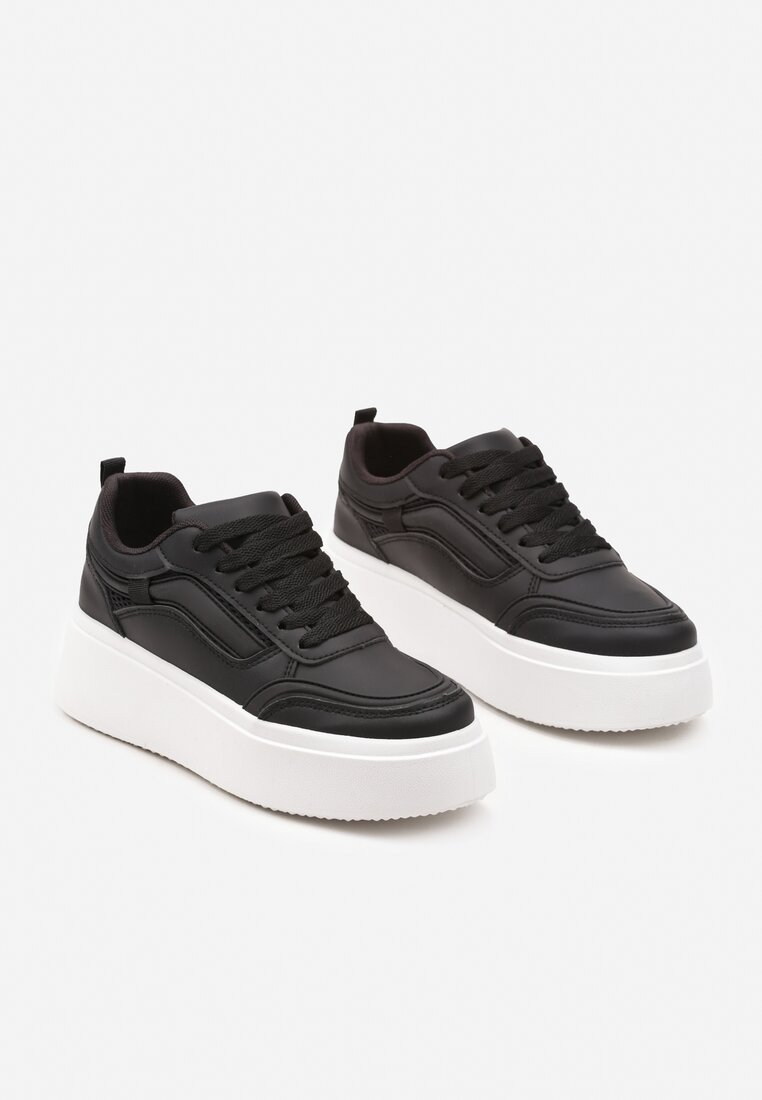 Czarne Płaskie Sneakersy z Geometrycznym Wzorem i Sznurowaniem Vlisera