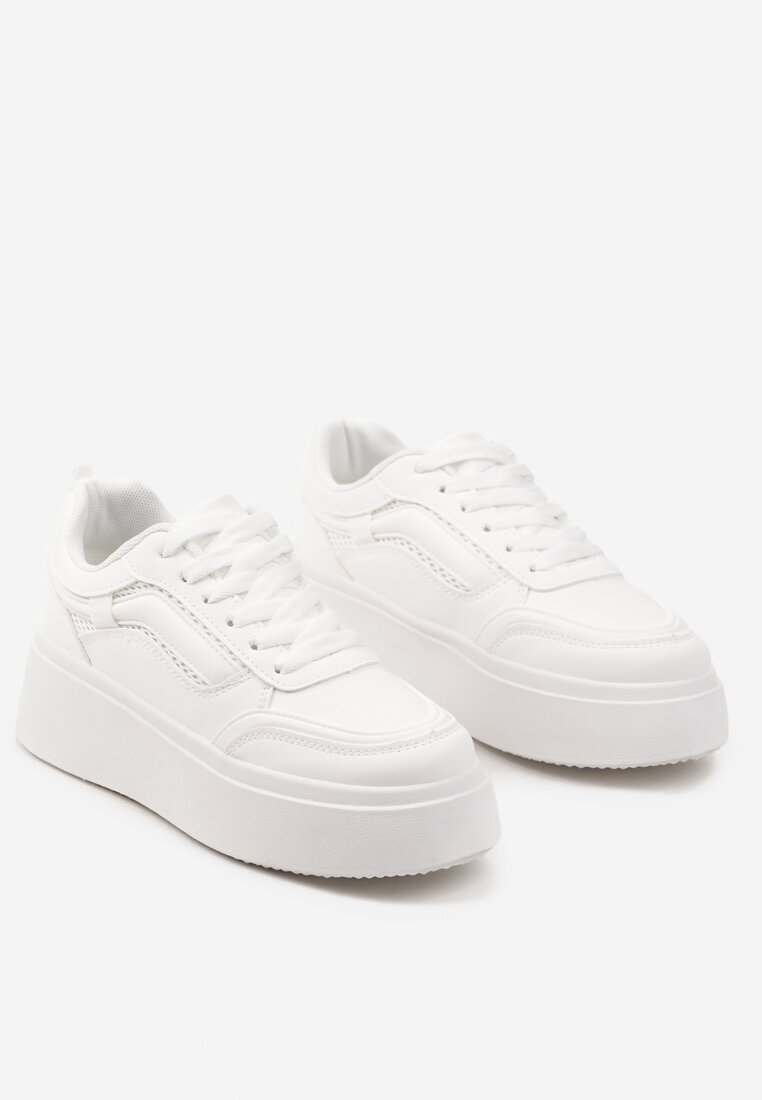 Białe Płaskie Sneakersy z Geometrycznym Wzorem i Sznurowaniem Vlisera