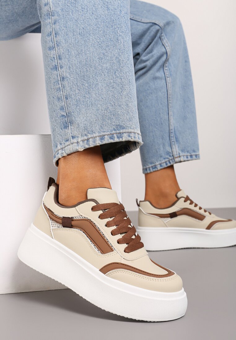 Beżowe Płaskie Sneakersy z Geometrycznym Wzorem i Sznurowaniem Vlisera