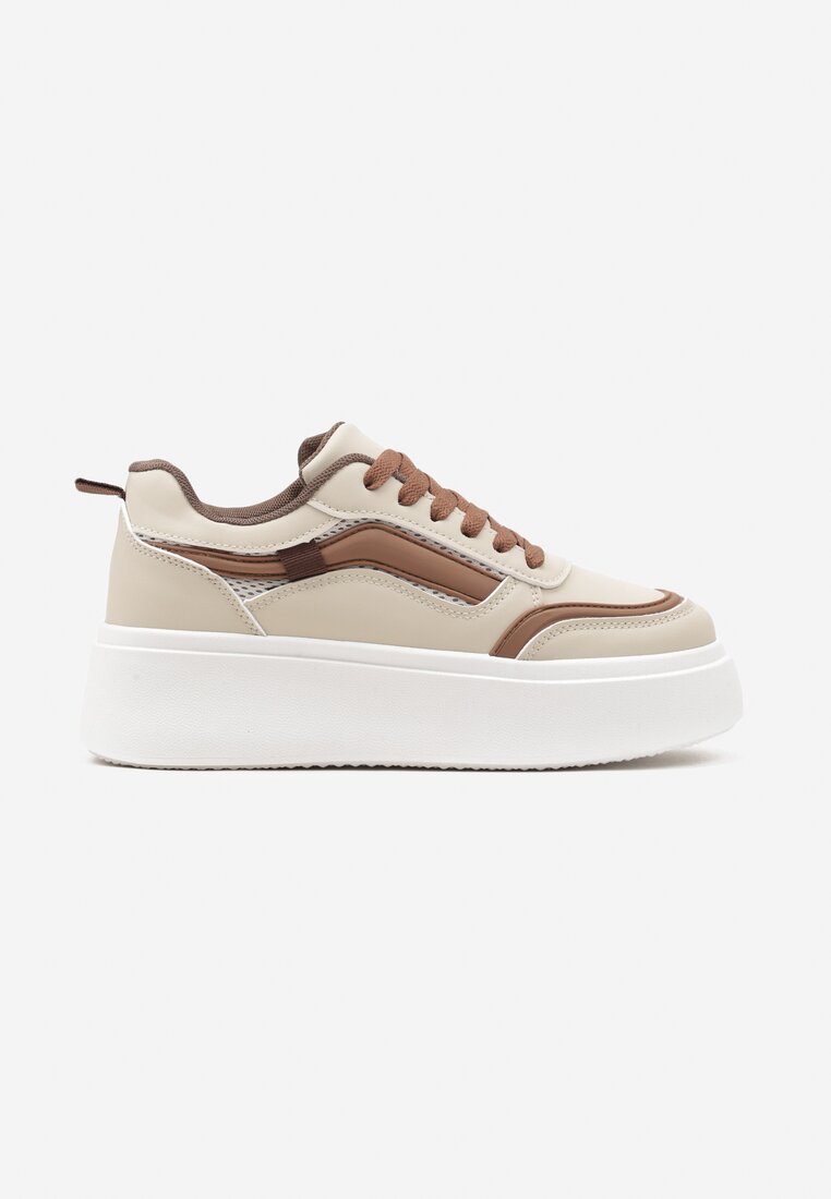 Beżowe Płaskie Sneakersy z Geometrycznym Wzorem i Sznurowaniem Vlisera