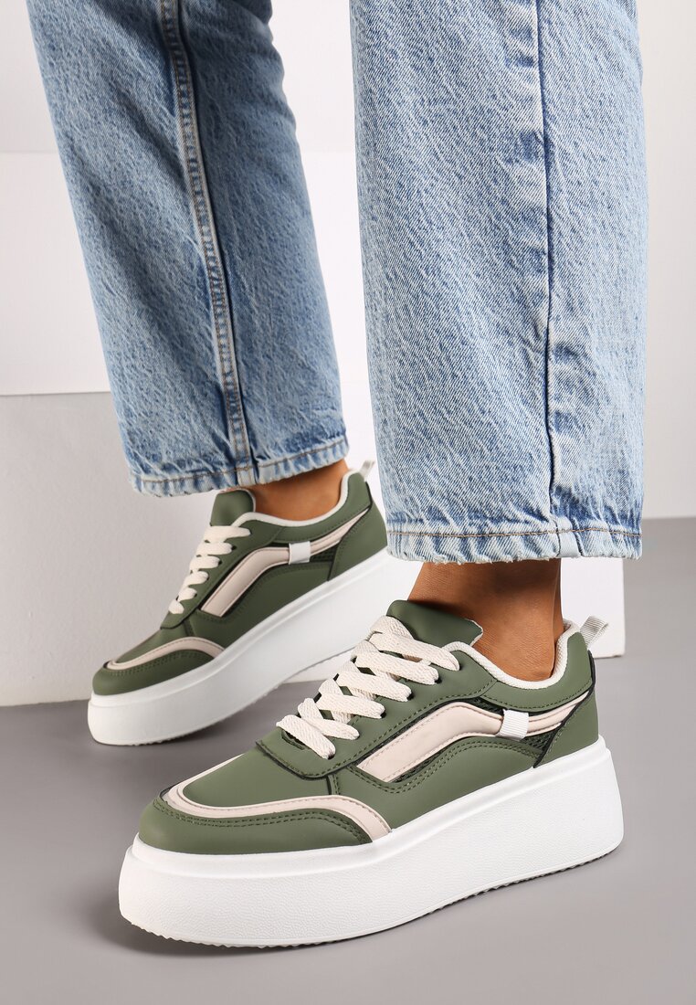 Zielone Płaskie Sneakersy z Geometrycznym Wzorem i Sznurowaniem Vlisera