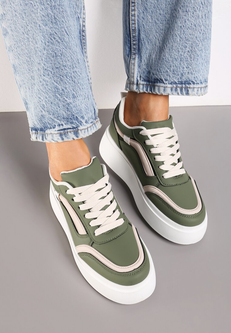 Zielone Płaskie Sneakersy z Geometrycznym Wzorem i Sznurowaniem Vlisera