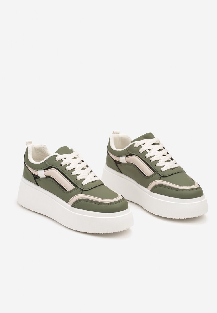 Zielone Płaskie Sneakersy z Geometrycznym Wzorem i Sznurowaniem Vlisera
