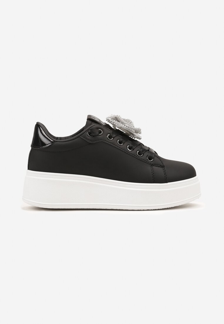 Czarno-Srebrne Sneakersy na Grubej Podeszwie z Odczepianym Kwiatem z Cyrkonii Navisia