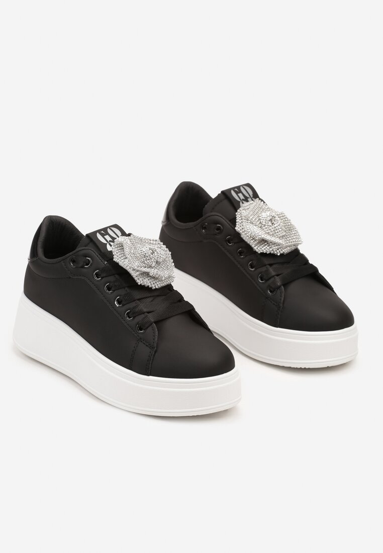 Czarno-Srebrne Sneakersy na Grubej Podeszwie z Odczepianym Kwiatem z Cyrkonii Navisia