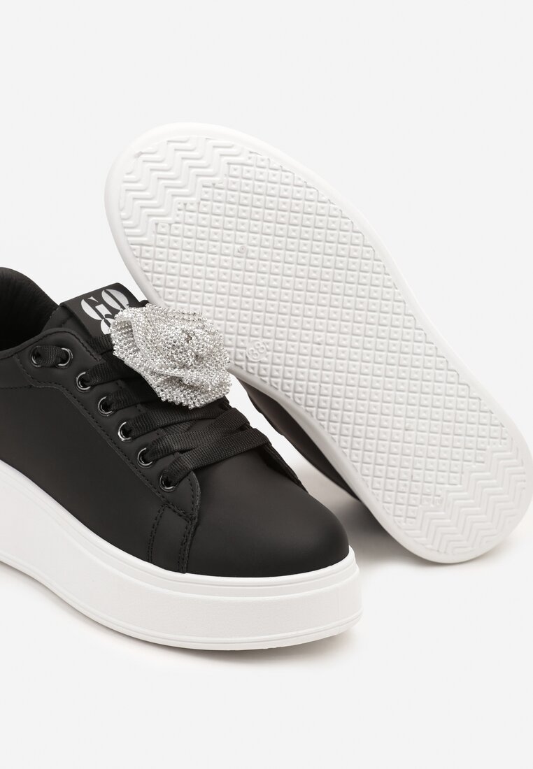 Czarno-Srebrne Sneakersy na Grubej Podeszwie z Odczepianym Kwiatem z Cyrkonii Navisia