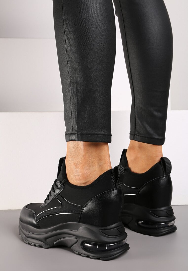 Czarne Sneakersy na Ukrytym Koturnie z Metalicznymi Wstawkami Vlivina