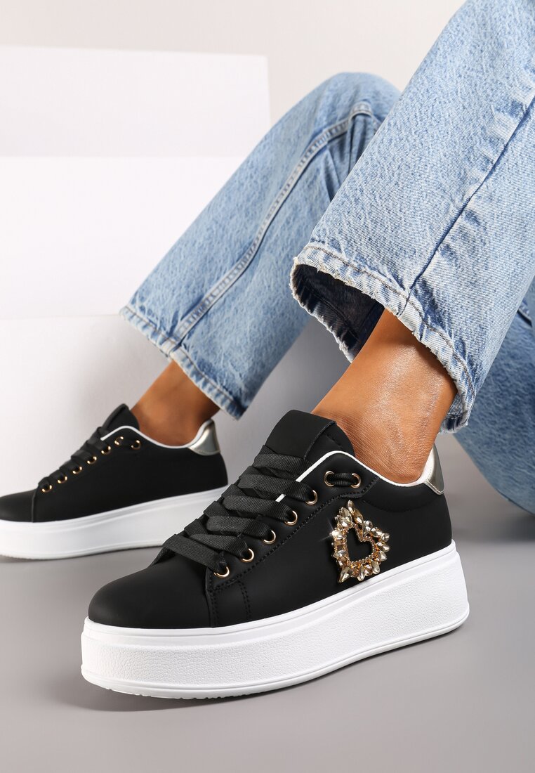 Czarne Sznurowane Sneakersy na Grubej Podeszwie Ozdobione Cyrkoniami Elivira
