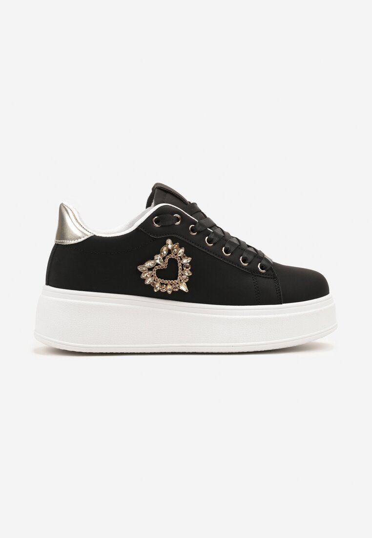 Czarne Sznurowane Sneakersy na Grubej Podeszwie Ozdobione Cyrkoniami Elivira