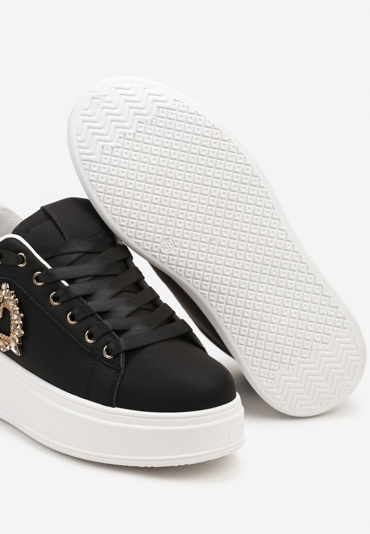 Czarne Sznurowane Sneakersy na Grubej Podeszwie Ozdobione Cyrkoniami Elivira