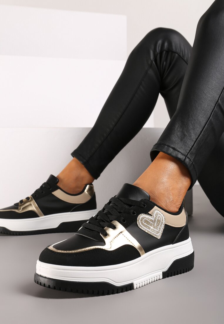 Czarne Sneakersy z Brokatowym Serduszkiem Asitalla