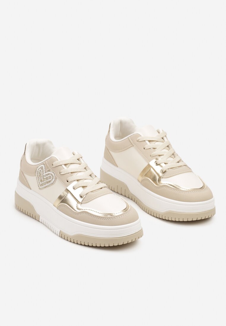 Beżowe Sneakersy z Brokatowym Serduszkiem Asitalla