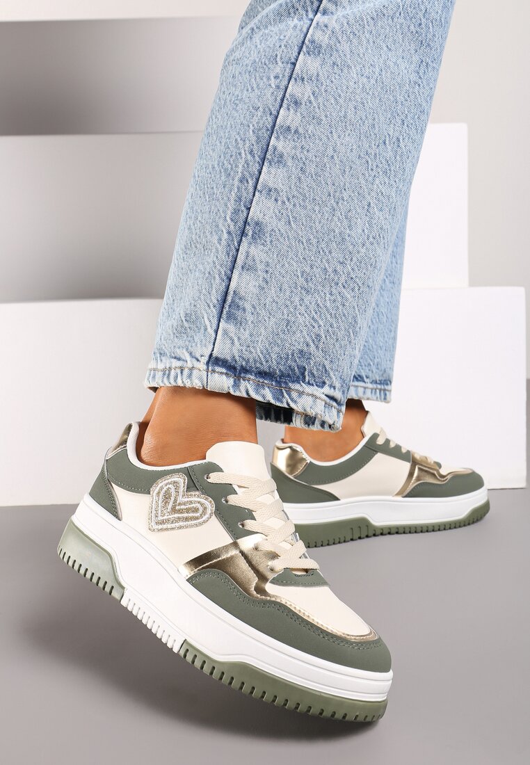 Zielone Sneakersy z Brokatowym Serduszkiem Asitalla