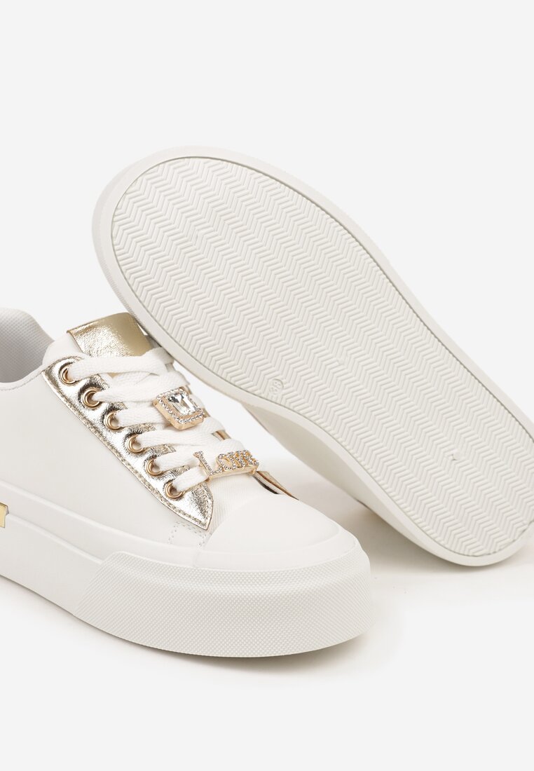 Białe Sneakersy na Grubej Podeszwie z Metalicznymi Wstawkami i Cyrkoniami Himaria