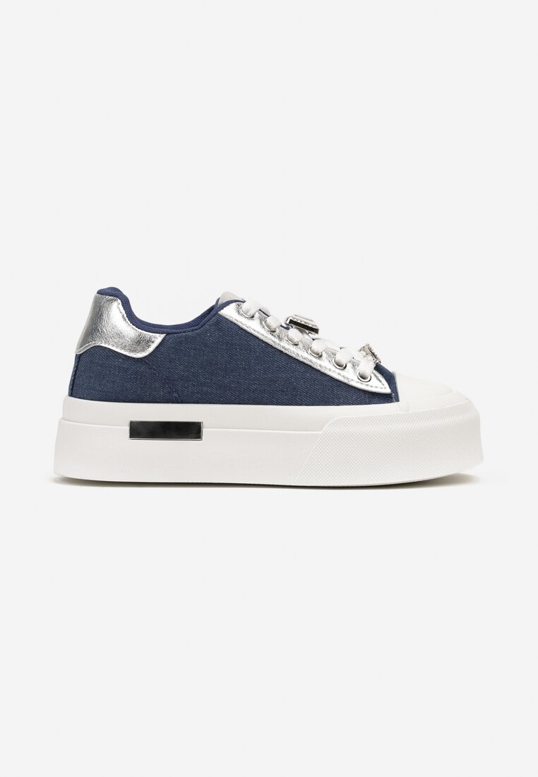 Niebieskie Sneakersy na Grubej Podeszwie z Metalicznymi Wstawkami i Cyrkoniami Himaria