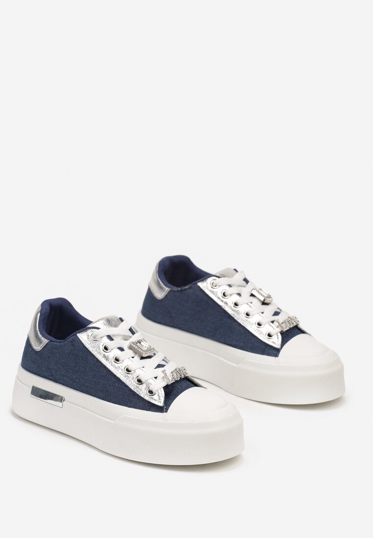 Niebieskie Sneakersy na Grubej Podeszwie z Metalicznymi Wstawkami i Cyrkoniami Himaria