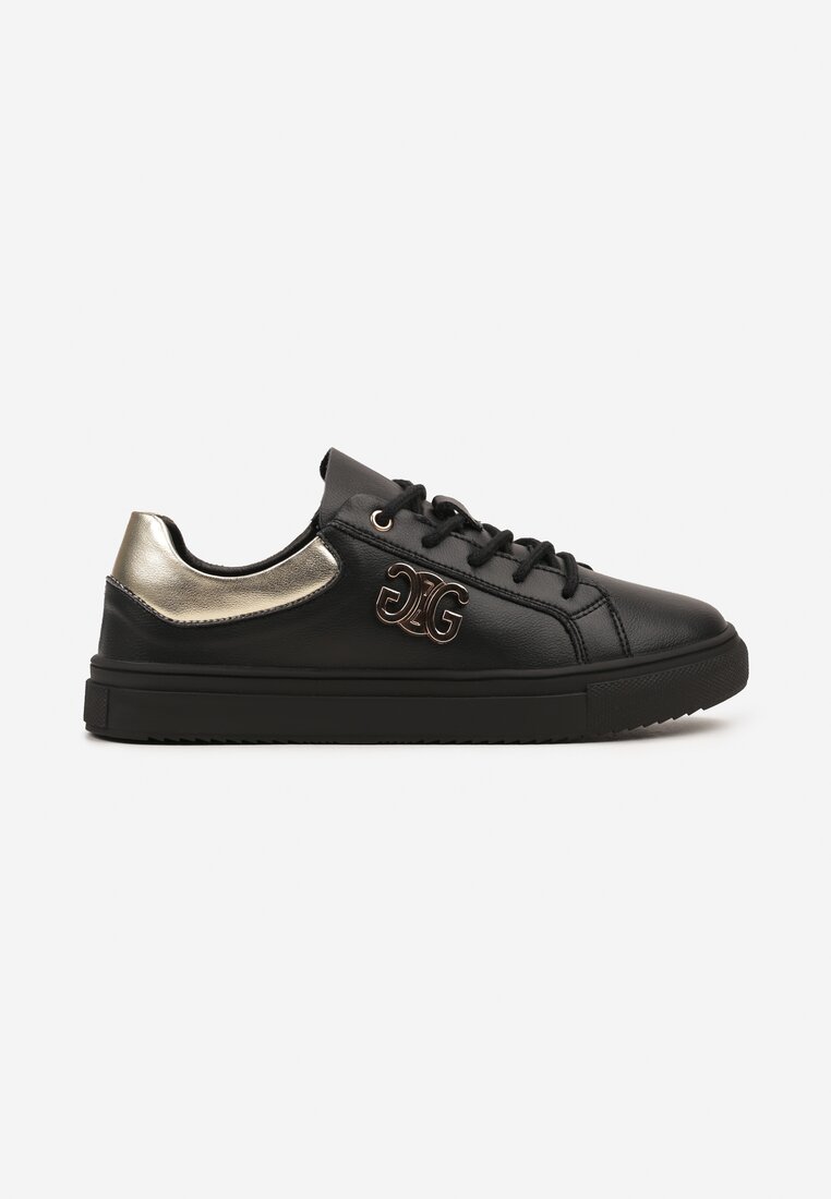 Czarno-Złote Skórzane Płaskie Sneakersy z Metaliczną Apikacją 3D Miliora