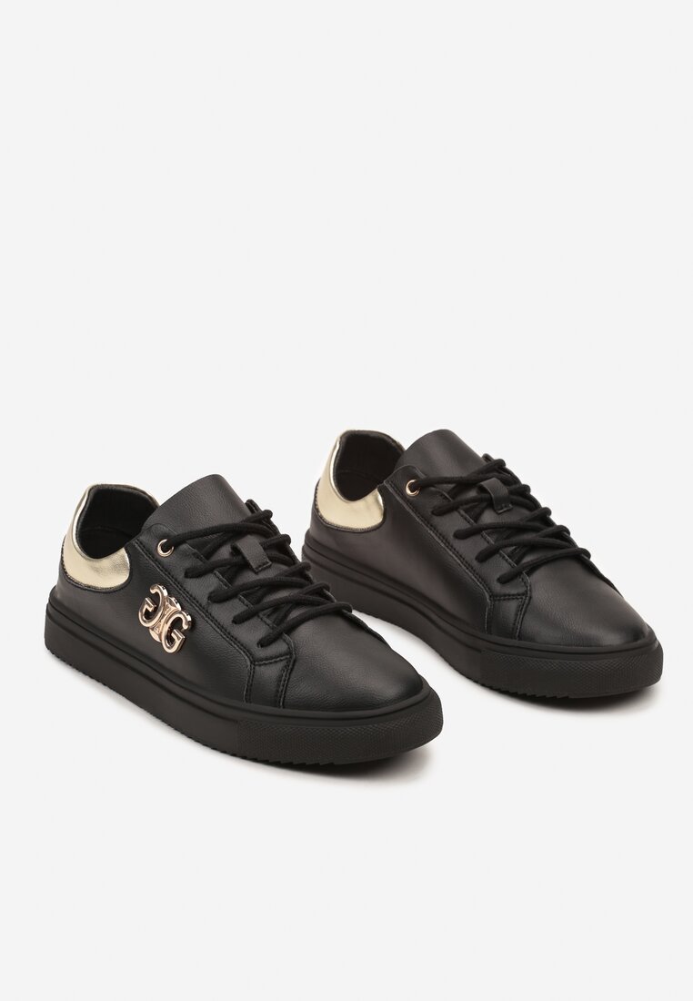 Czarno-Złote Skórzane Płaskie Sneakersy z Metaliczną Apikacją 3D Miliora