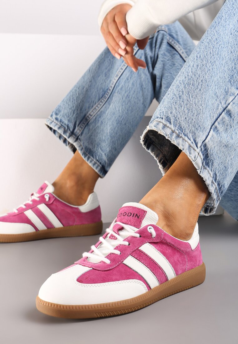 Fuksjowe Płaskie Skórzane Sneakersy Ozdobione Paskami Navilen