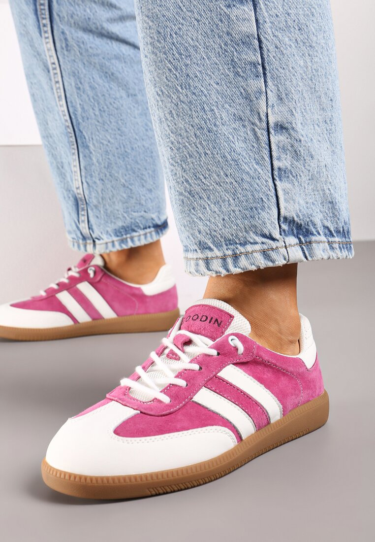 Fuksjowe Płaskie Skórzane Sneakersy Ozdobione Paskami Navilen