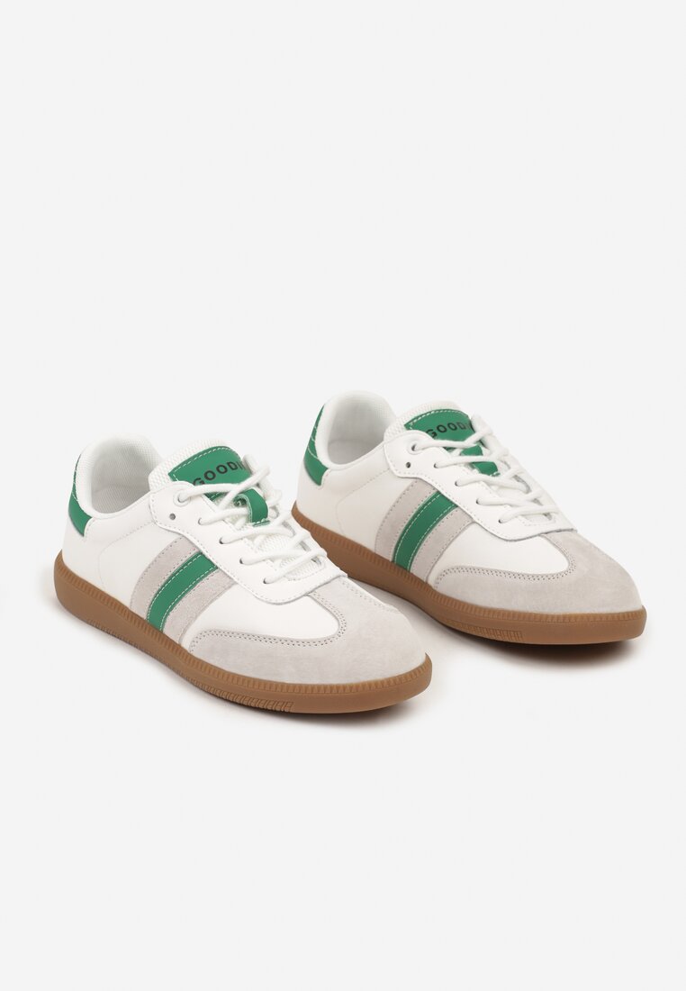 Biało-Zielone Płaskie Skórzane Sneakersy Ozdobione Paskami Navilen